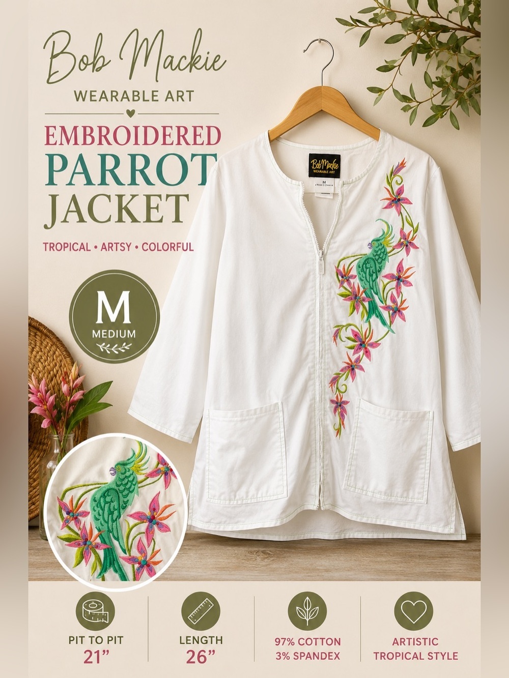 Bob Mackie Wearable Art Embroidered Parrot Zip Front Jacket Medium Tropical